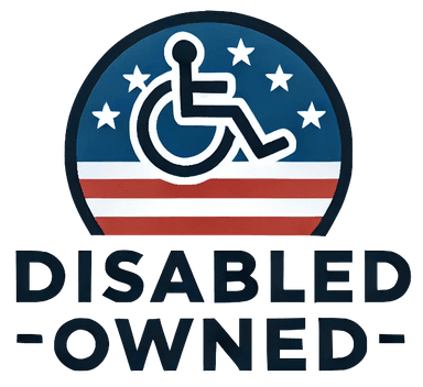 Disabled-owned business certification mark with wheelchair symbol, stars, and stripes.