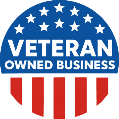 Veteran Owned Business certification mark with stars and stripes.