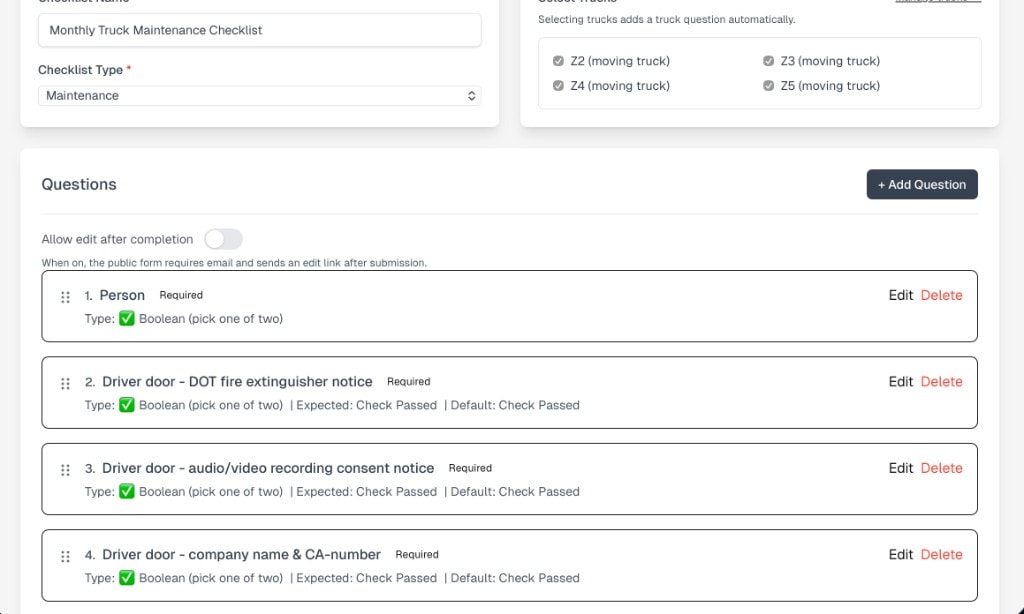 Checklist backend with question editor for a monthly truck maintenance checklist