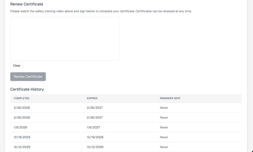 Certificate renewal screen with signature pad and historical certificate table