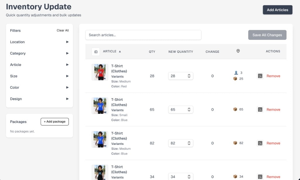 Inventory update screen with filters and per-article quantity controls