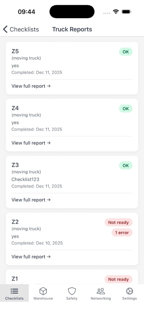XFoldTrack truck reports list grouped by truck with completion status and error counts