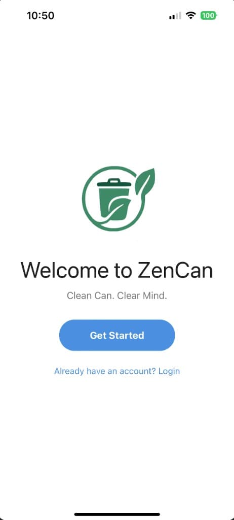 ZenCan mobile app welcome screen with logo, tagline, and Get Started