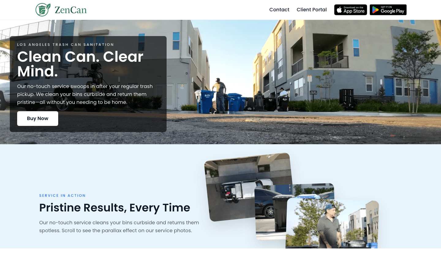 ZenCan marketing website — desktop layout with hero and story sections