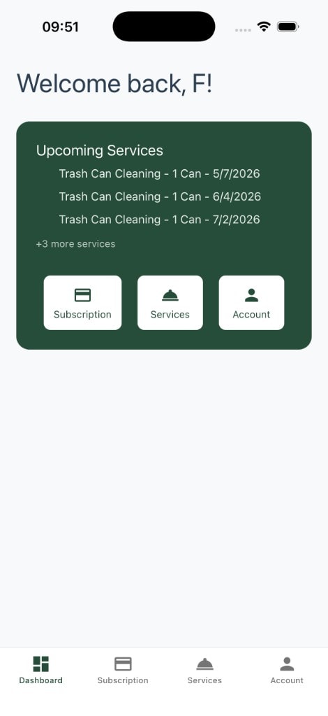 ZenCan dashboard greeting the customer with upcoming services and quick links to subscription, services, and account