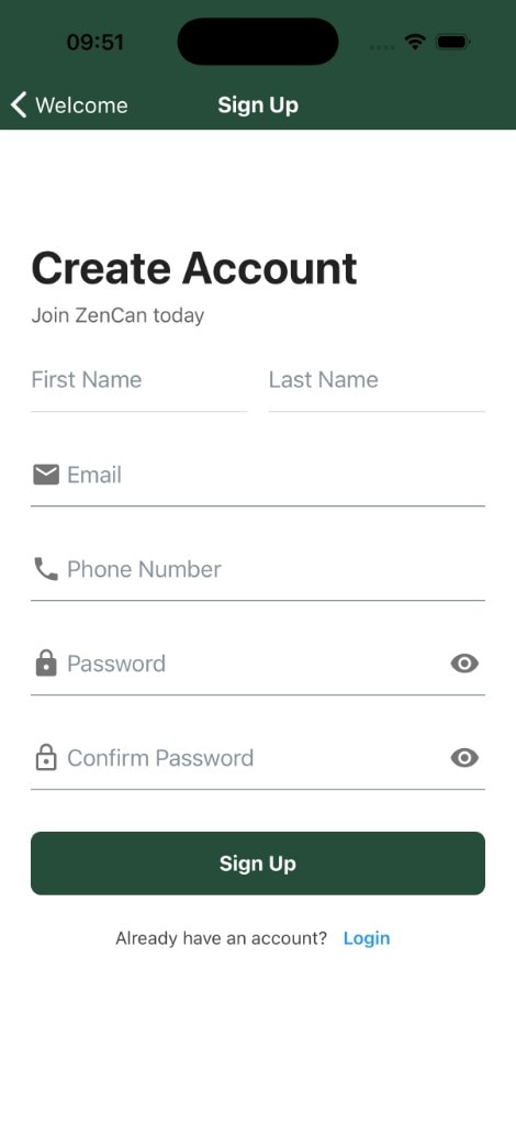 ZenCan account creation screen with first/last name, email, phone, and password fields