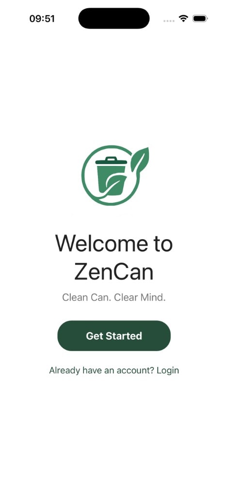 ZenCan welcome screen with logo, 'Clean Can. Clear Mind.' tagline, Get Started and Login buttons