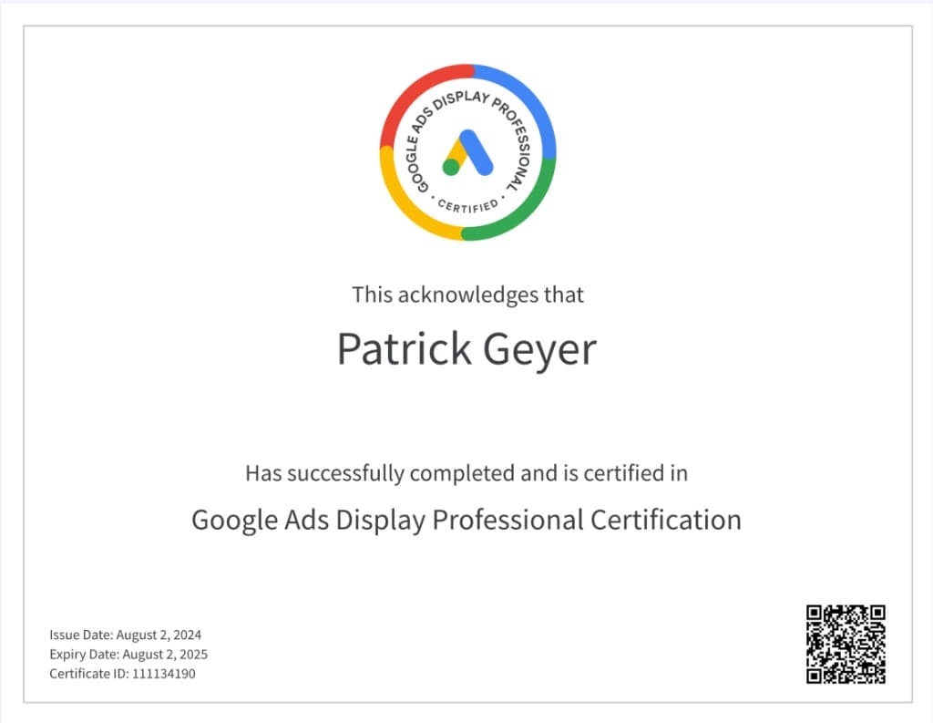 Google Ads Display Professional Certification awarded to Patrick Geyer