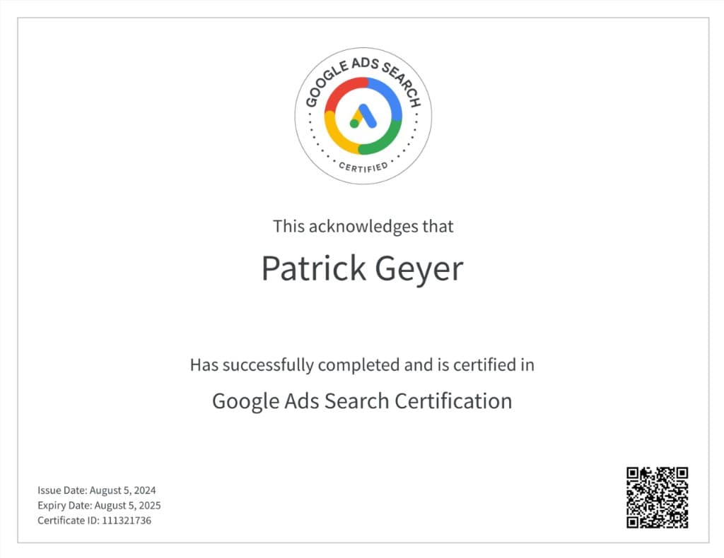 Google Ads Search Certification awarded to Patrick Geyer